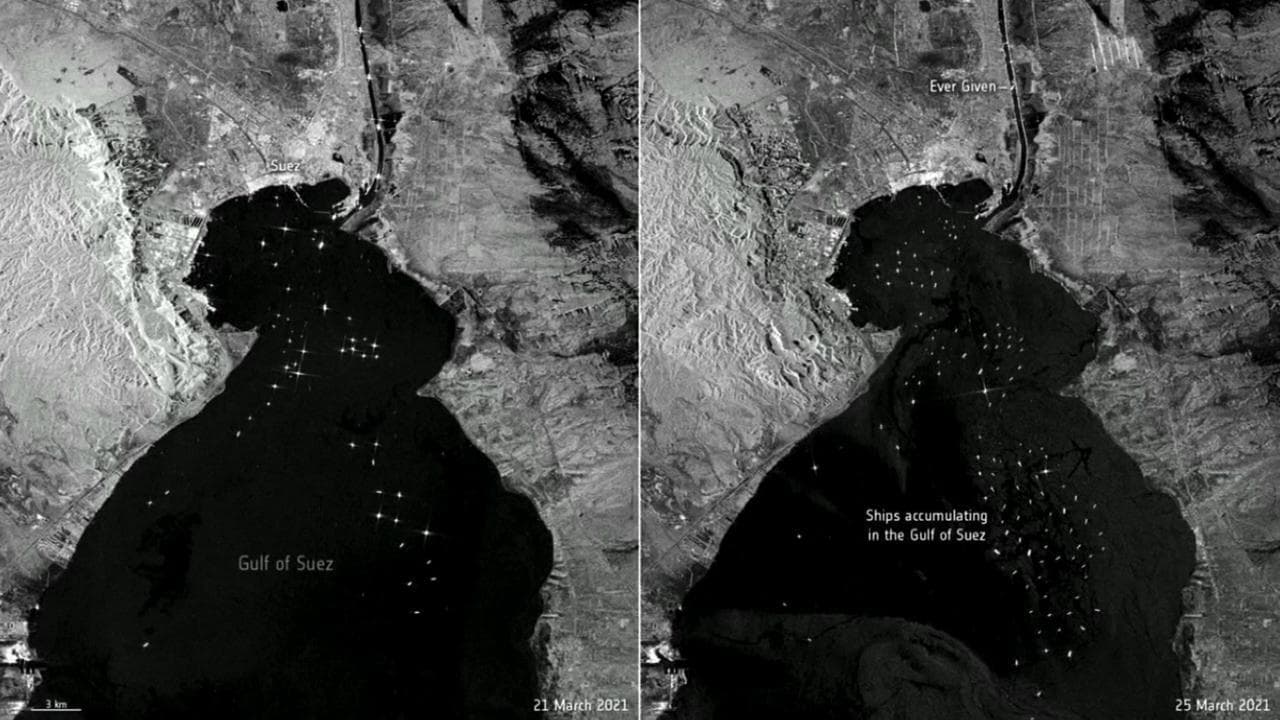 Canale di Suez, prima e dopo la nave incagliata: l'ingorgo visto dallo spazio