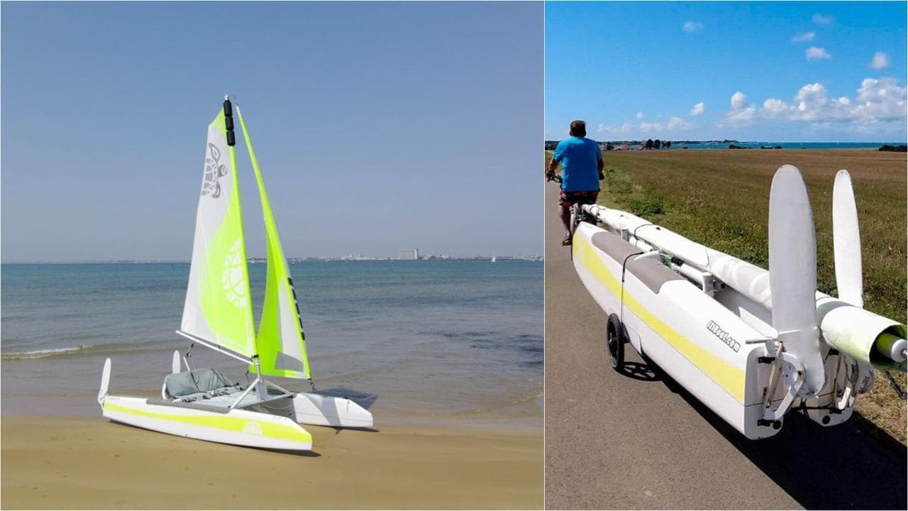 Sul catamarano che si monta in 15 minuti senza attrezzi: si può trasportare anche in bici