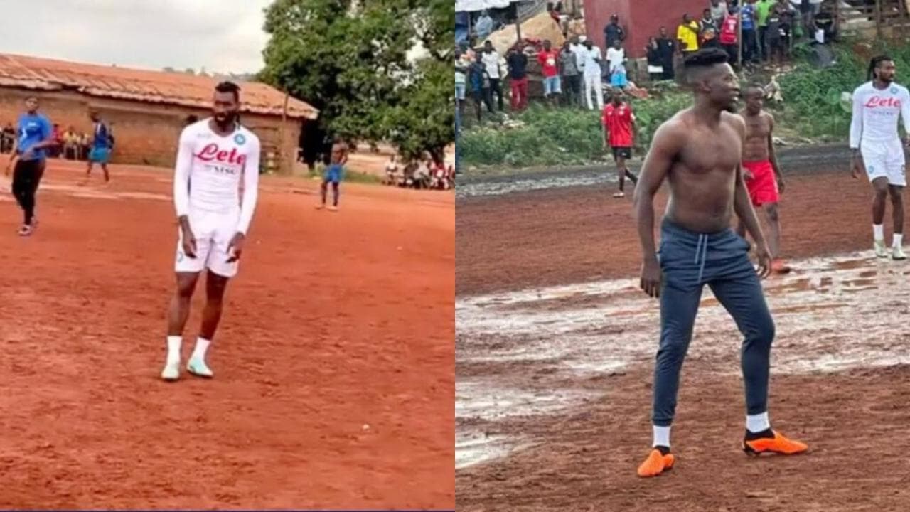 Anguissa del Napoli gioca a calcio su un campo sterrato in Camerun. Con lui anche l'interista Onana
