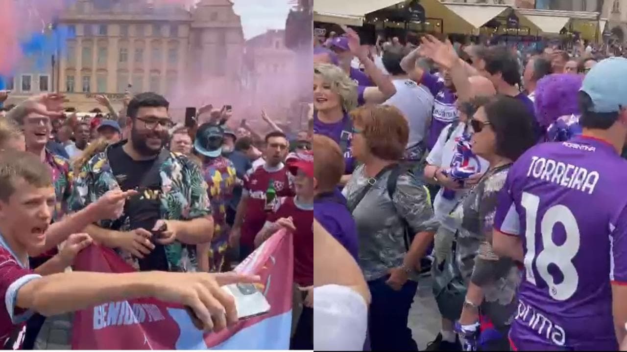 I tifosi di Fiorentina e West Ham si fronteggiano pacificamente tra cori e slogan nel cuore di Praga