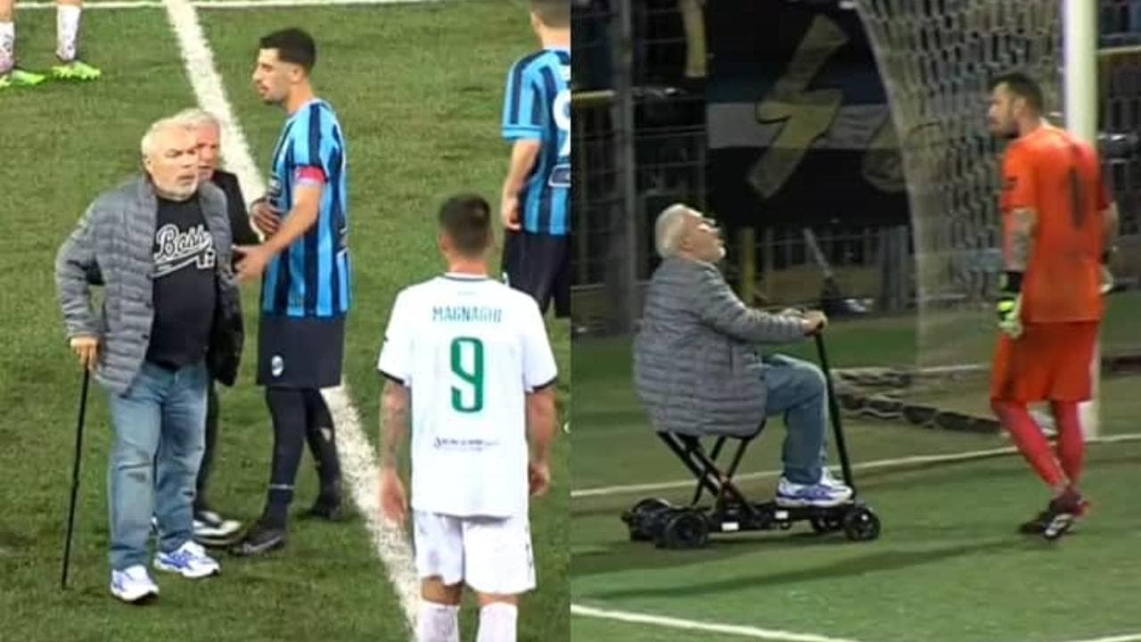 Serie C, Lecco: il presidente Di Nunno, in campo per protestare, esce su uno scooter per la mobilità