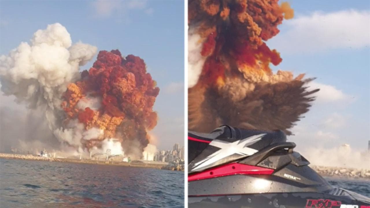 Beirut, l'onda d'urto dell'esplosione raggiunge la coppia sulla moto d'acqua