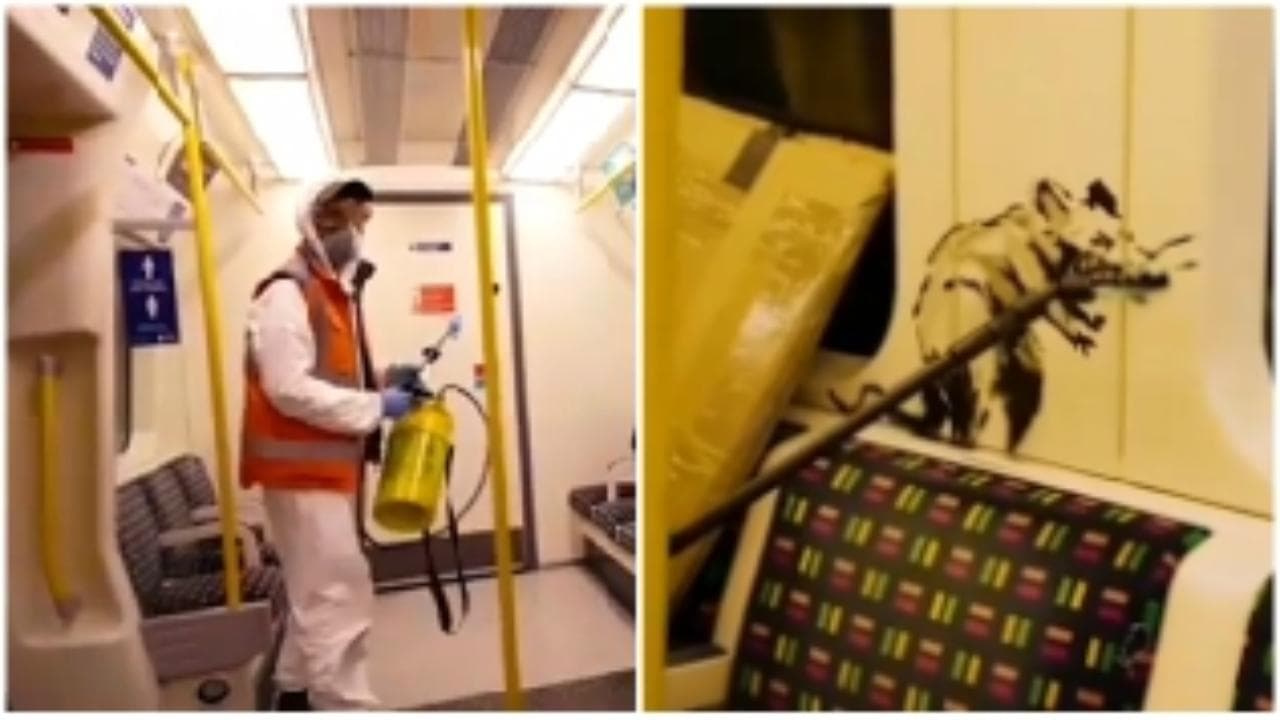 Londra, Banksy si traveste da addetto alle pulizie del metrò e disegna un topo che starnutisce