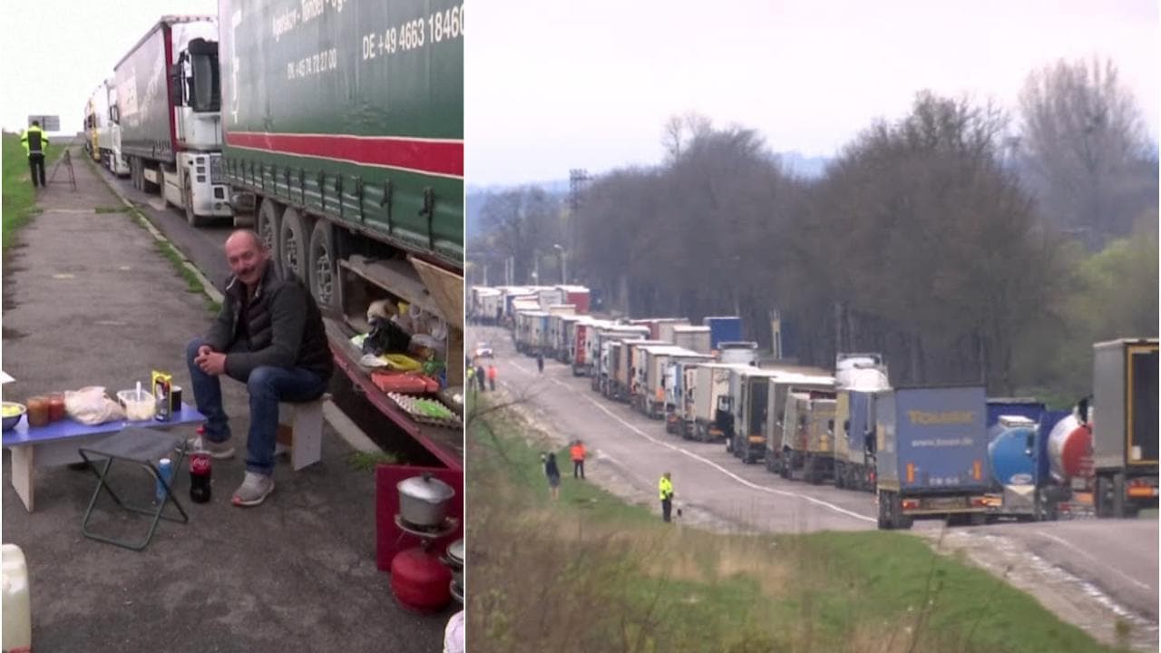Camion in fila da giorni sul confine polacco: il divieto sulle importazioni blocca il grano ucraino