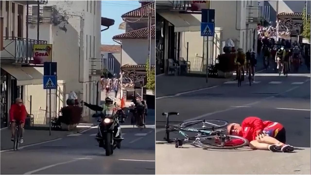 Attraversa mentre passa la corsa ciclistica: travolto in bici dai corridori