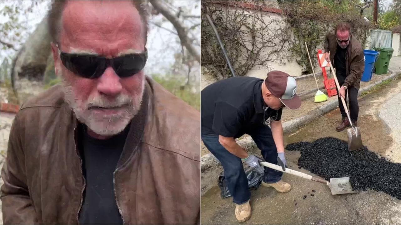 Schwarzenegger si arma di pala e ripara la buca stradale: "Cose da pazzi, aspetto da tre settimane"