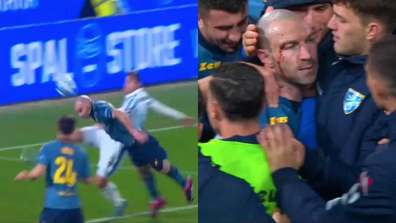 Spal-Frosinone, Lucioni segna di testa, prende un calcio in faccia ed esulta col volto insanguinato