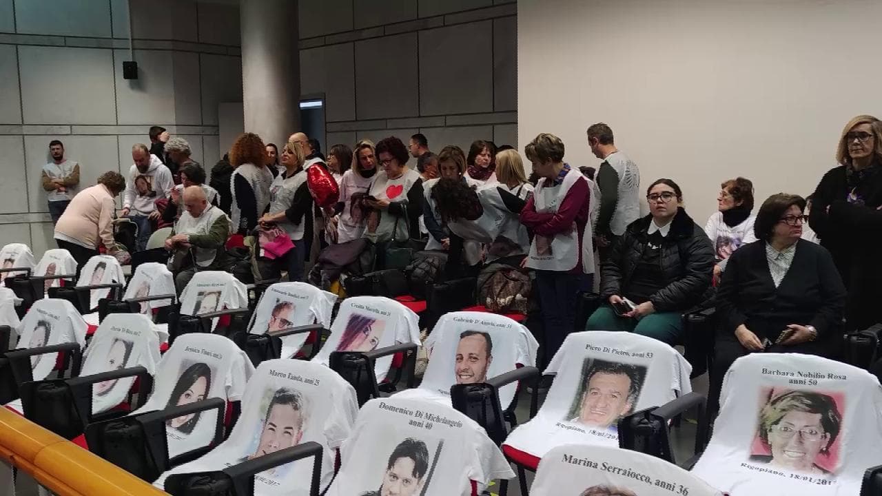Sentenza Rigopiano, le foto delle vittime esposte in aula. I familiari: "Fiducia nel giudice"
