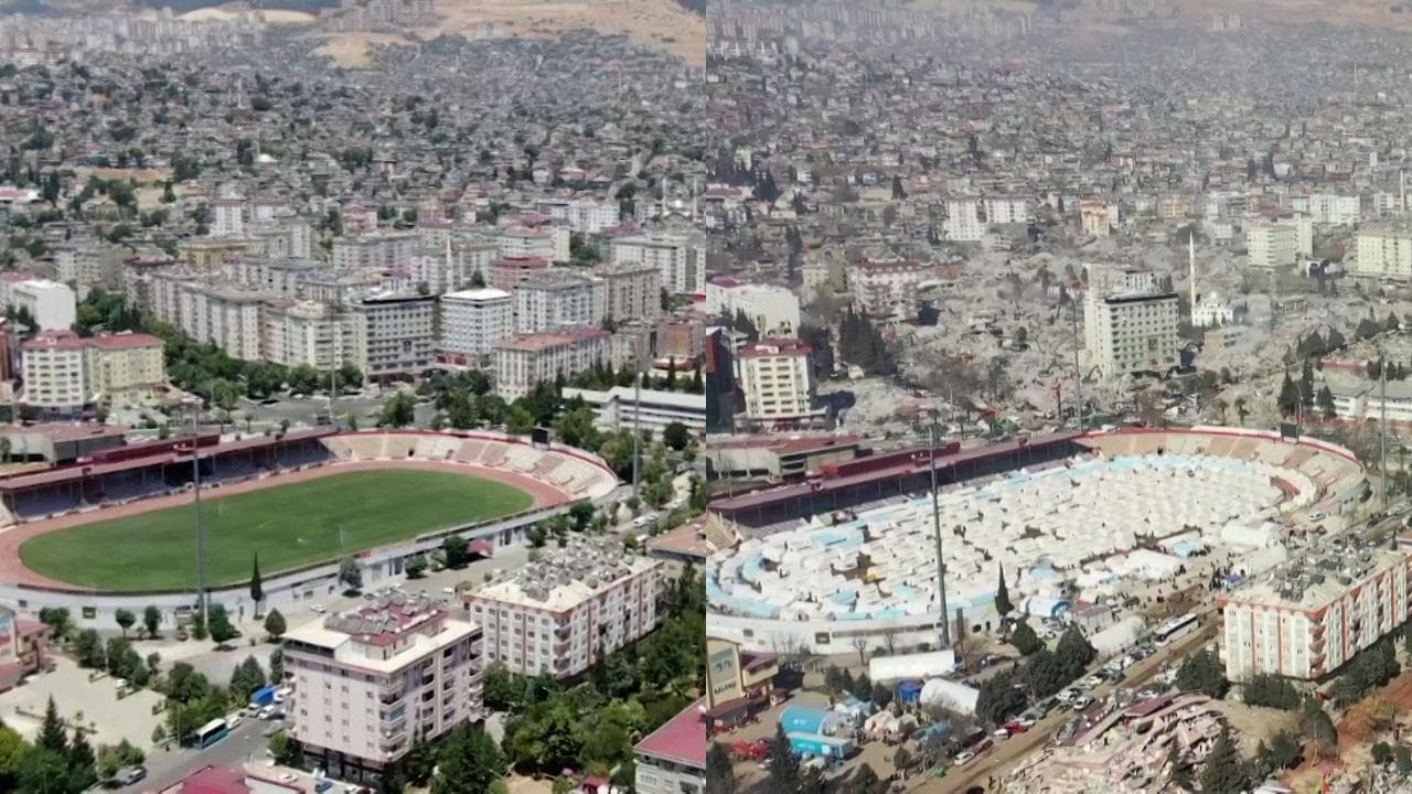 Turchia, drone mostra la distruzione nella città turca di Kahramanmaras prima e dopo il terremoto