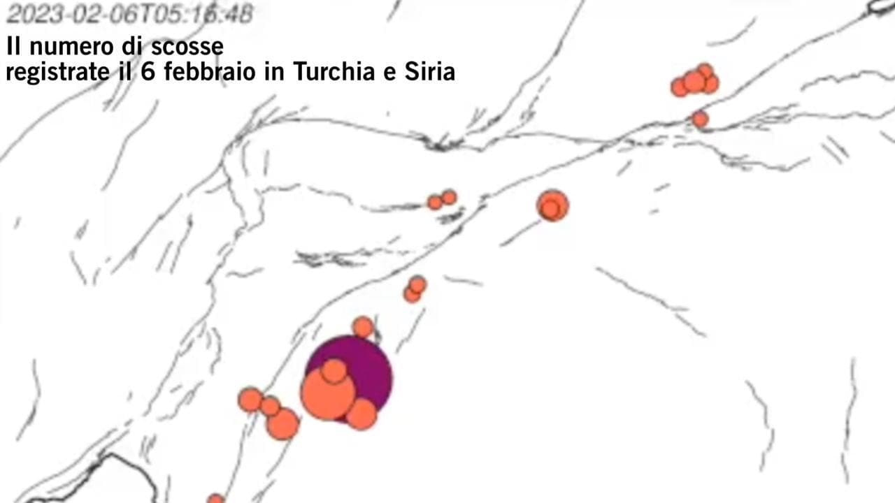 Turchia, la mappa animata di come si sono succedute le scosse dalle 3 del mattino del 6 febbraio