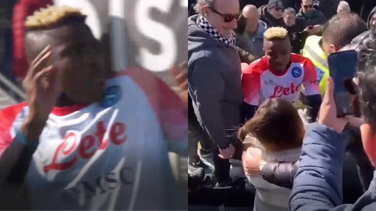 Spezia-Napoli, il pallone colpisce la tifosa, Osimhen la abbraccia sugli spalti
