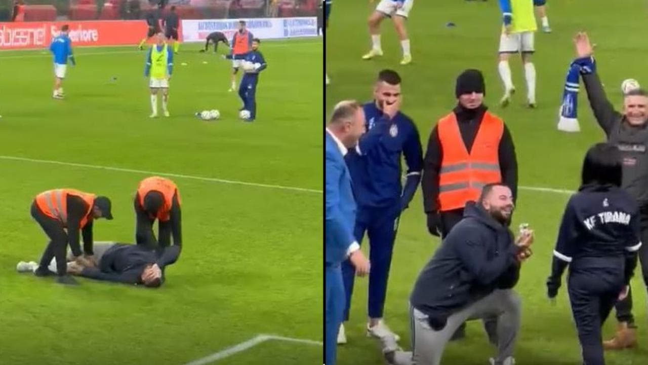 Una pazza proposta di matrimonio su un campo da calcio di Tirana