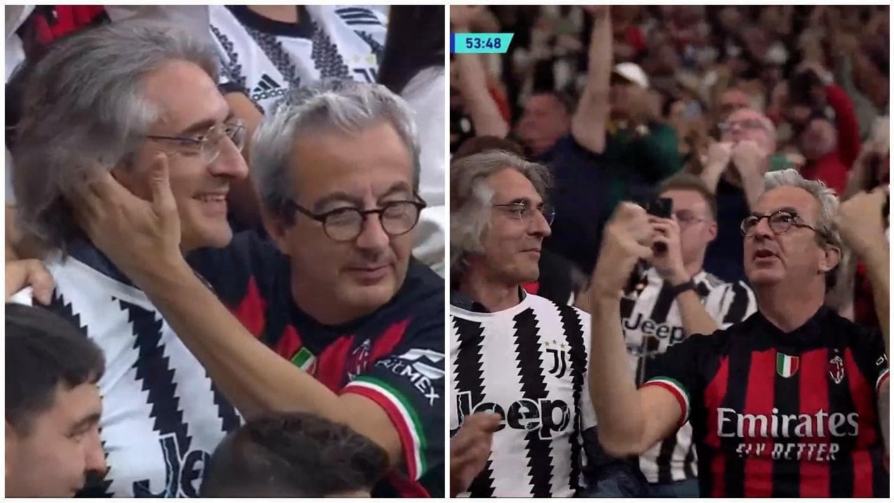 Milan-Juventus, il tifoso rossonero consola l'amico bianconero al gol di Tomori