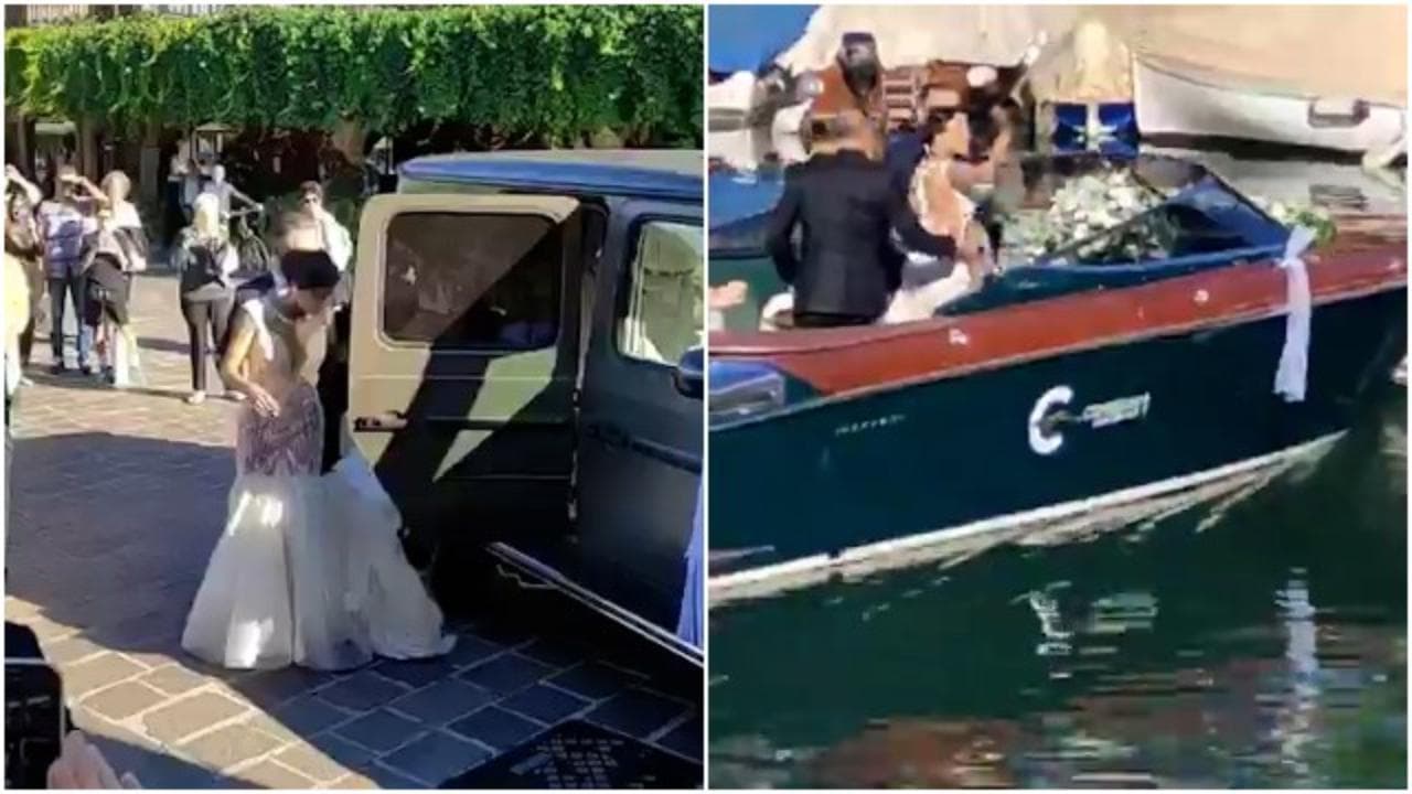 Nozze Marcell Jacobs, Nicole Daza arriva al motoscafo: lo splendido abito a sirena della sposa