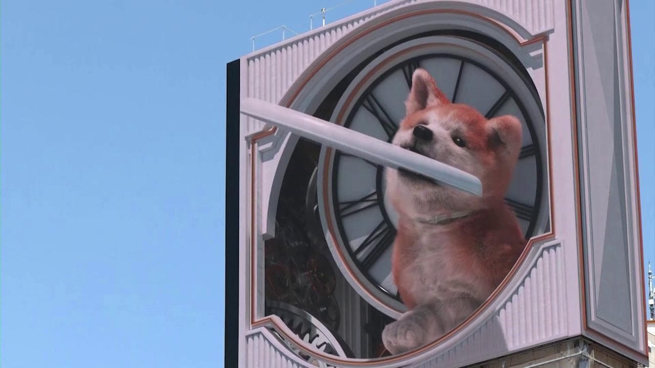 Tokyo, il cane gigante in 3D salta da uno schermo pubblicitario all'altro
