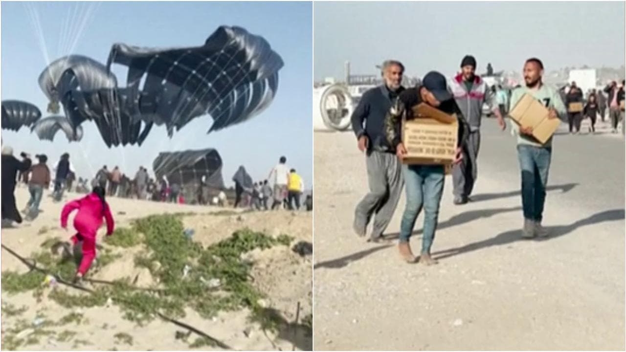 Gaza, gli aiuti americani arrivano con il paracadute: la folla in spiaggia a Rafah