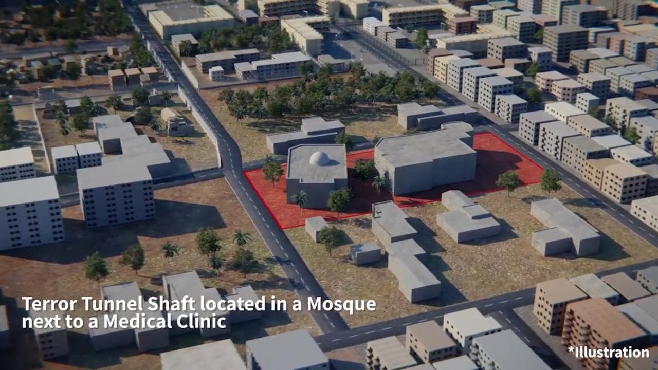 L'animazione delle forze israeliane che accusa Hamas di nascondersi tra scuole e ospedali nel cuore di Gaza City
