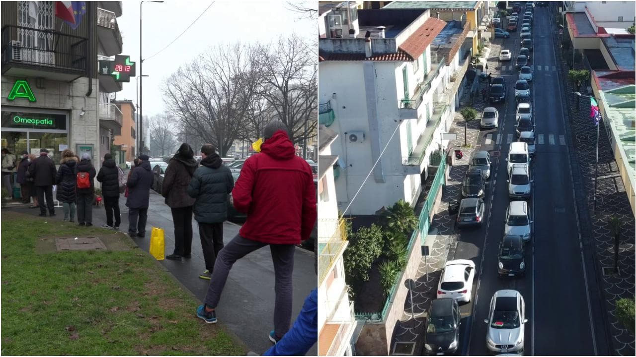 Tamponi, nuove code in farmacia a Milano, traffico bloccato a Napoli: il drone in volo sulle auto