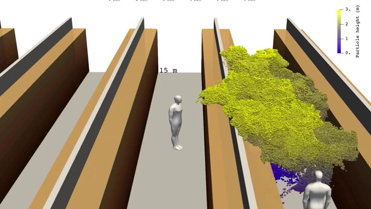Coronavirus, l'animazione in 3D: un colpo di tosse può superare lo scaffale di un supermercato