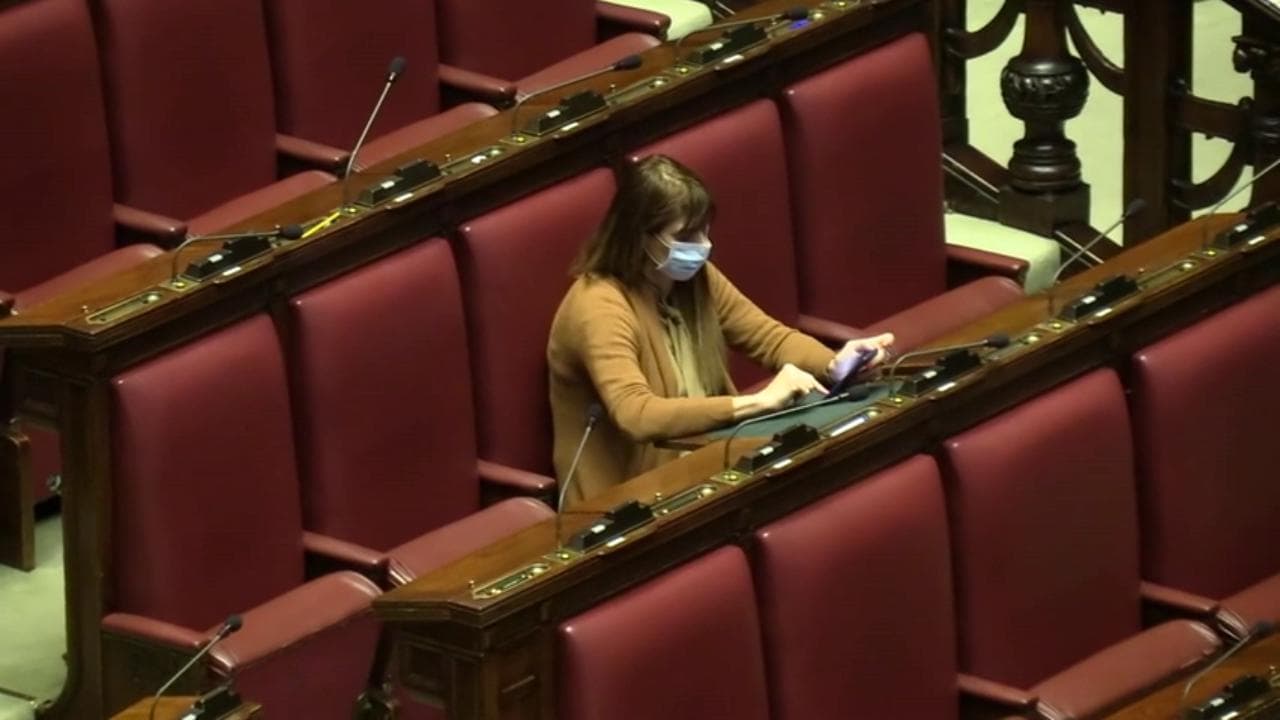 Effetto coronavirus alla Camera, Maria Teresa Baldini (Fdi) prima deputata in aula con la mascherina