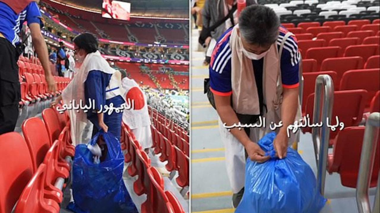 Mondiali di calcio, i tifosi giapponesi puliscono lo stadio dopo la partita tra Qatar ed Ecuador