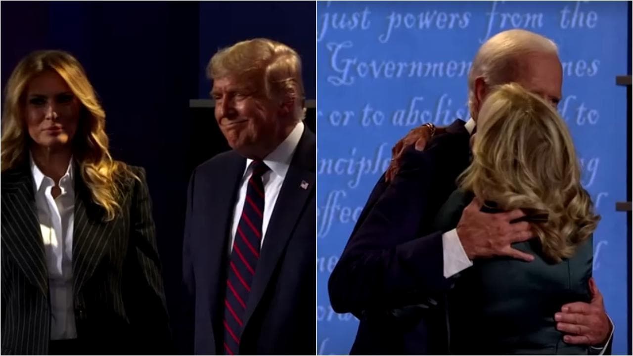 Dibattito Trump-Biden, la sfida delle mogli: Melania prima a salire sul palco, ma fredda con Donald, mentre Jill abbraccia calorosamente Joe