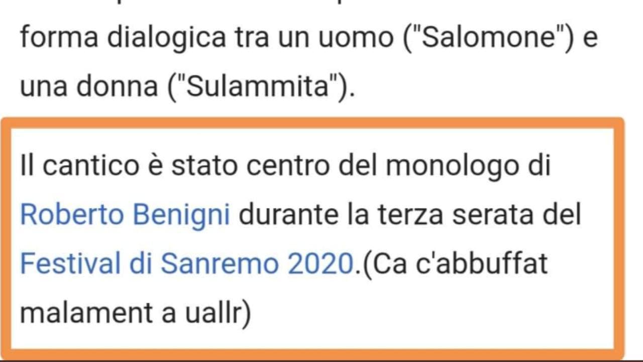 Sanremo 2020, scherzo su Wikipedia: il 'Cantico dei Cantici' modificato durante show Benigni