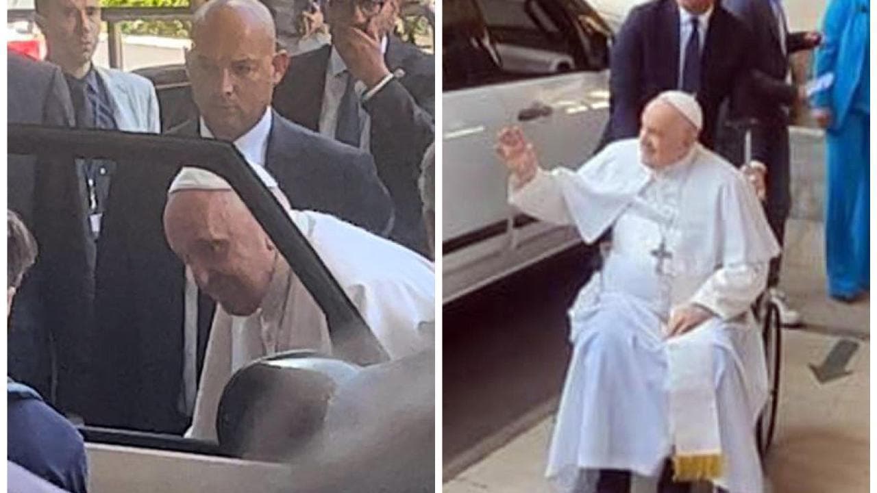 Il Papa mentre esce dalla sede Rai Saxa Rubra dopo l'intervista salutato dai dipendenti