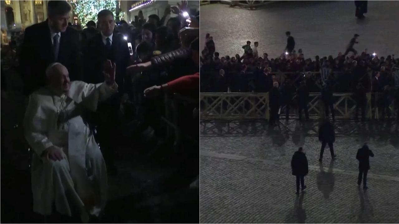 Papa Francesco in carrozzina dopo il Te Deum saluta i fedeli in piazza San Pietro