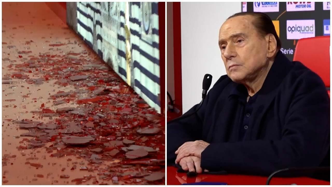 Calcio, il giornalista chiede a Berlusconi del Milan e crolla la vetrata della sala stampa