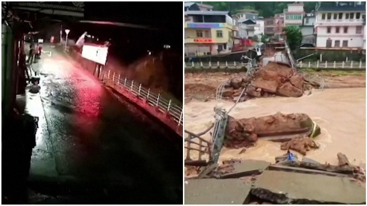 Cina, il momento in cui il ponte collassa per le forti piogge: il video delle telecamere di sicurezza
