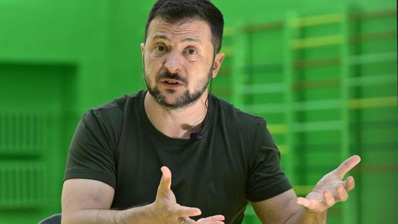 TOPSHOT - Ukrainian President Volodymyr Zelensky speaks during an interview for French media including AFP in Rivne on July 30, 2024, amid the Russian invasion of Ukraine.A (Photo by Genya SAVILOV / AFP)