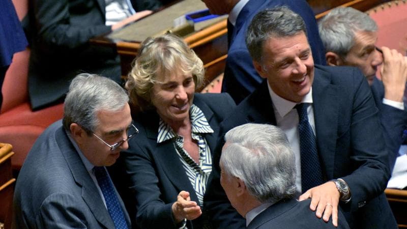 Antonio Tajani, Maurizio Gasparri, Stefania Craxi e Matteo Renzi durante la commemorazione di Silvio Berlusconi al Senato, Roma, 20 giugno 2023.  ANSA/ETTORE FERRARI

