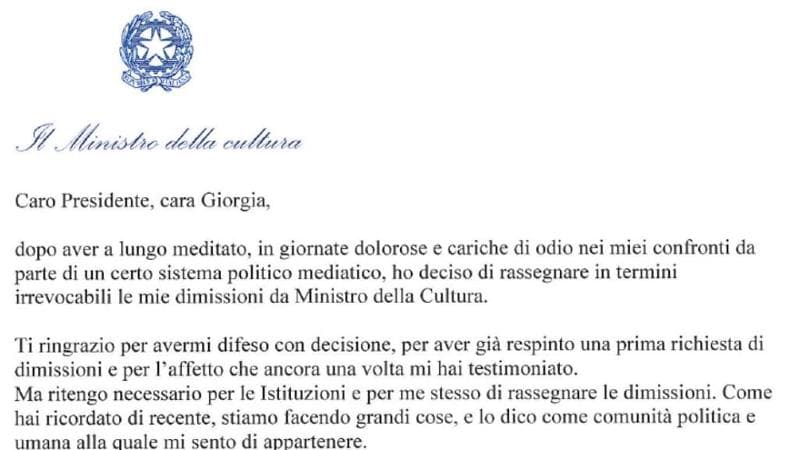 La lettera di dimissioni di Sangiuliano dopo il caso Boccia, il testo integrale