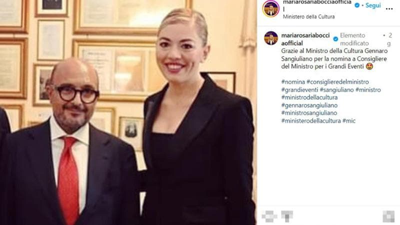 Maria Rosaria Boccia in un post pubblicato su Instagram, nel quale ringraziava il ministro della Cultura Gennaro Sangiuliano "per la nomina a Consigliere del Ministro per i Grandi Eventi".
