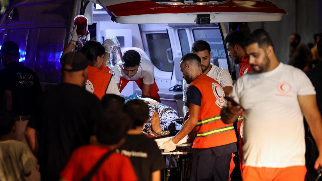 A person is carried on a stretcher outside American University of Beirut Medical Center (AUBMC) as people, including Hezbollah fighters and medics, were wounded and killed when the pagers they use to communicate exploded across Lebanon, according to a security source, in Beirut, Lebanon September 17, 2024. REUTERS/Mohamed Azakir 

