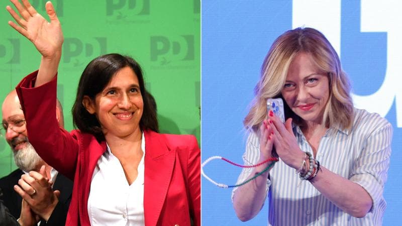 Combo delle leader dei due principali partiti italiani (Fratelli d'Italia e Partito democratico) durante le conferenze stampa notturno nei rispettivi quartier generali subito dopo la diffusione dei primi risultati consolidati: Giorgia Meloni (d) e Elly Schlein (s), Roma, 10 giugno 2024. ANSA/GIUSEPPE LAMI - FABIO CIMAGLIA