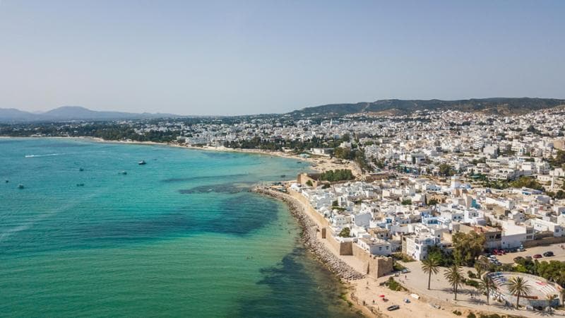 Hammamet on the Mediterranean coast in Tunisia.  Aerial view