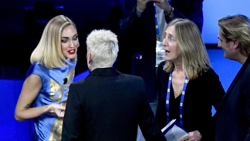 Sanremo, 73&deg; Festival della Canzone italiana, Serata Finale. Chiara Ferragni e Fedez sul Palco dopo il bacio con Rosa Chemical&nbsp;
