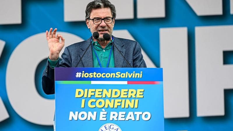 Italy's Minister of Economy and Finance, Giancarlo Giorgetti delivers a speech during the annual rally of the Italian far-right League (Lega) party in Pontida, northern Italy on October 6, 2024. (Photo by Piero CRUCIATTI / AFP)