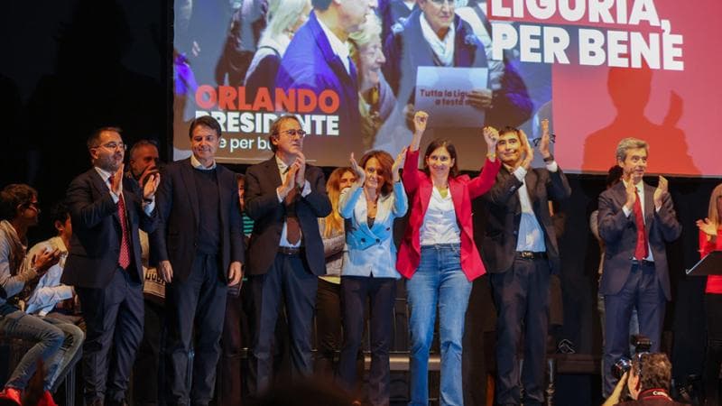 25/10/2024 Genova, Elezioni Regionali Regione Liguria 2024, Orlando Presidente, nella foto: Giuseppe Conte, Angelo Bonelli, Elly Schlein, Nicola Fratoianni, Andrea Orlando