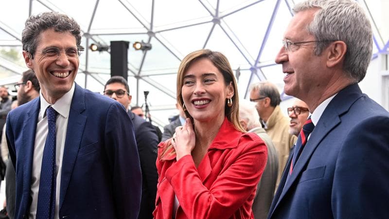 Riccardo Magi, Maria Elena Boschi e Benedetto Della Vedova durante la presentazione del simbolo e dei capilista della lista Stati Uniti d Europa per le elezioni europee dell 8 e 9 giugno, Roma, 20 aprile 2024. ANSA/RICCARDO ANTIMIANI
