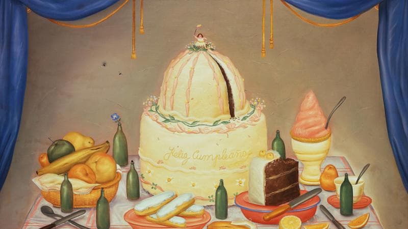 Una tavola riccamente imbandita nella tela Feliz Cumpleaños di Fernando Botero (1971). Christie’s Images / Artothek/Archivi Alinari