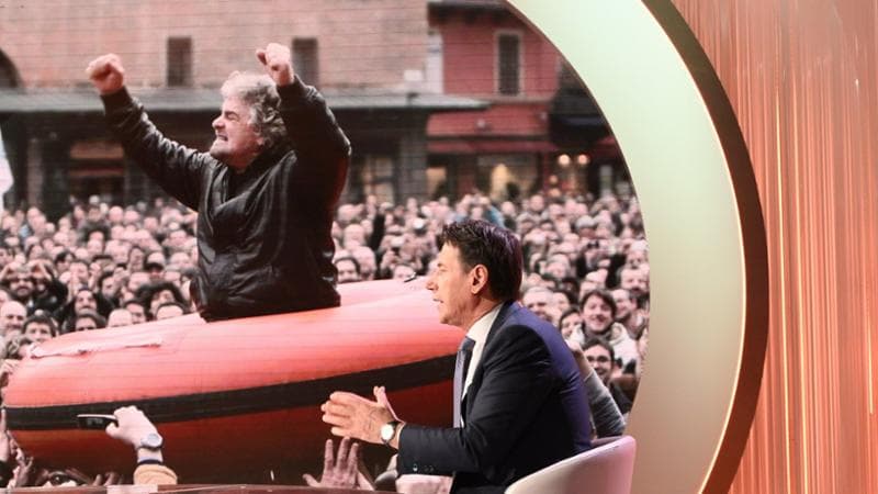 Il&nbsp;presidente del M5S Giuseppe Conte e Beppe Grillo (Rai1 Cinque minuti)
