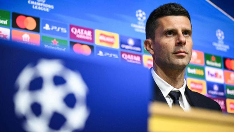Juventus' Italian coach Thiago Motta reacts as he speaks during a press conference at Villa Park stadium Birmingham, central England, on November 26, 2024 on the eve of their UEFA Champions League football match against Aston Villa. (Photo by Oli SCARFF / AFP)
