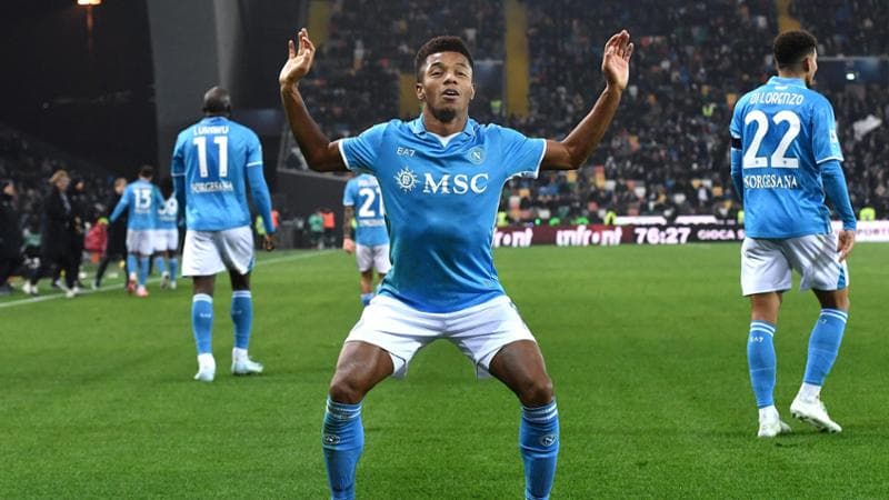 Udinese-Napoli: l'esultanza di Neres dopo aver procurato l'autorete del 2 a 1