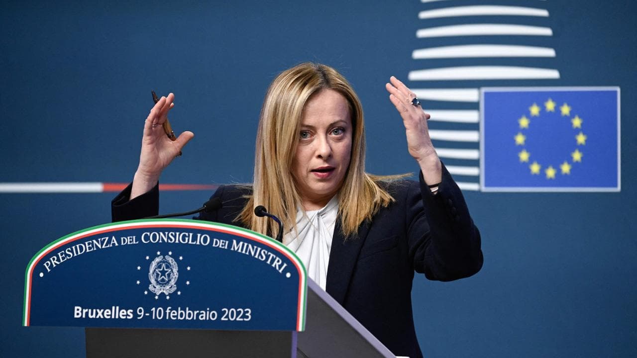 Italy's Prime Minister Giorgia Meloni speaks during a press conference after an extraordinary meeting during a EU Summit at The European Council Building in Brussels on February 10, 2023. (Photo by John THYS / AFP)