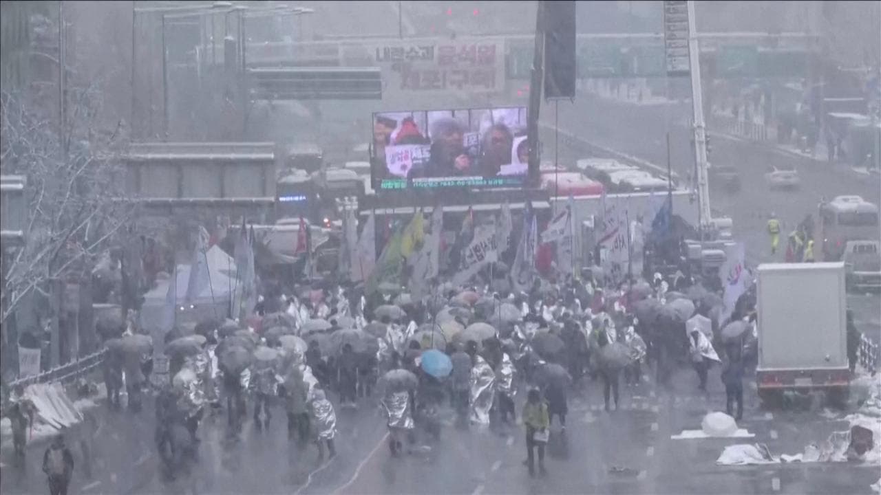Corea del Sud, i manifestanti contro il presidente sfidano neve e pioggia a Seul