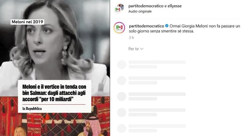 Meloni da bin Salman, le reazioni. Pd: “Non fa passare un giorno senza smentirsi”. M5S: “Incoerente”