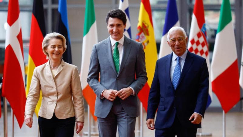 L'incontro a Bruxelles tra i vertici delle istituzioni europee e il premier canadese&nbsp;Justin Trudeau
